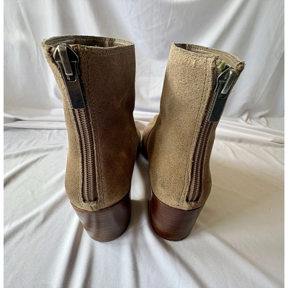 Saks Fifth Avenue Tan‎ Suede Ankle Boots Block Heel Pointed Toe Size 7M / 37